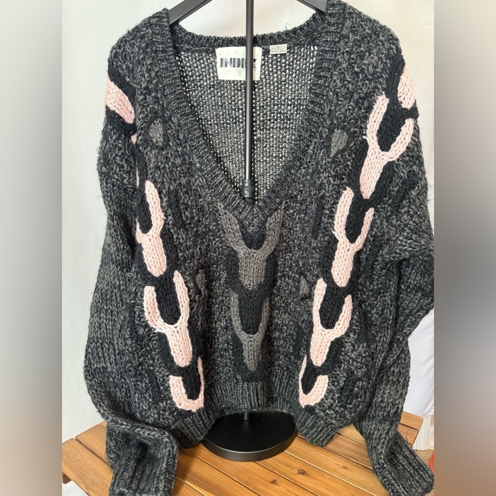 Vintage INDEX 80’s Chunky Cable Knit Gray N Pink Sweater Women’s Size Large Warm - Picture 3 of 12